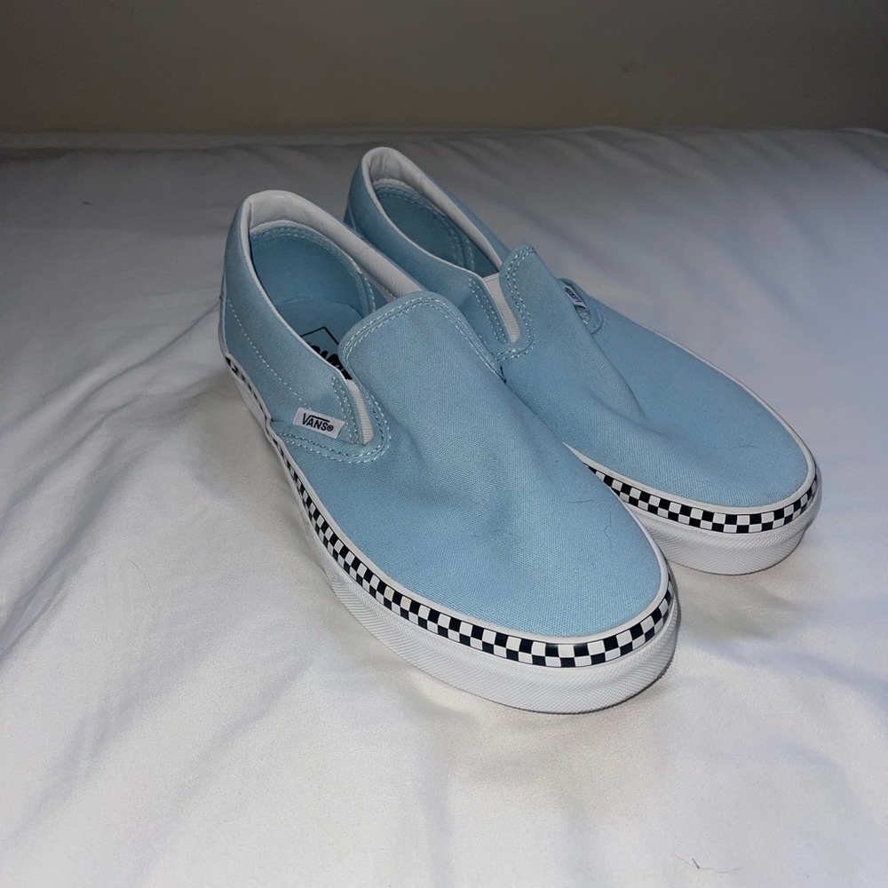 Size: 9W (7M) baby blue vans w/ checkered rim